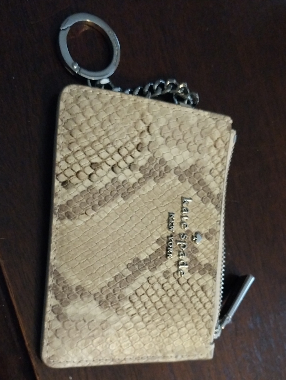 NWT kate spade beige snake-embossed cardholder keyring